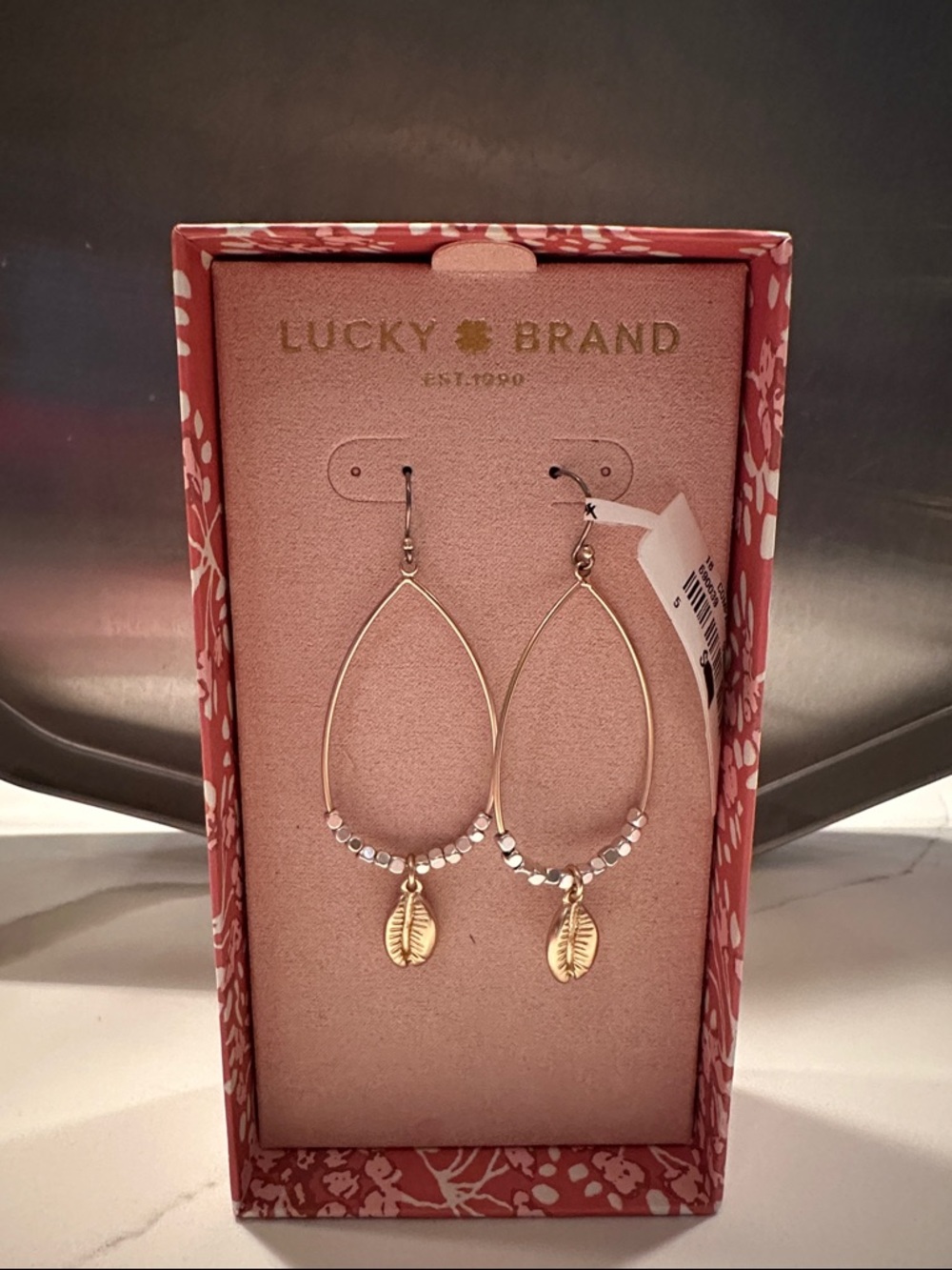 Lucky Brand Gold Leaf Bead Teardrop Hoop Earrings